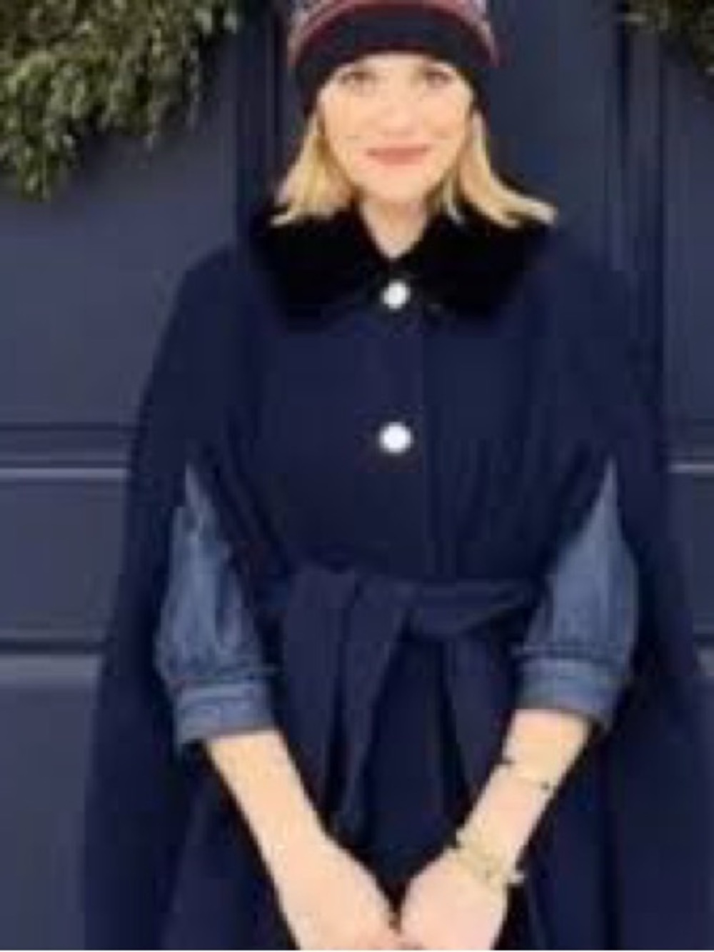 Draper James Navy Cape with Black Faux Fur Collar